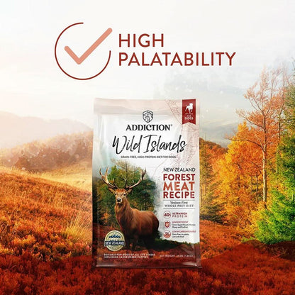 Addiction Wild Islands dog food package with a scenic background
