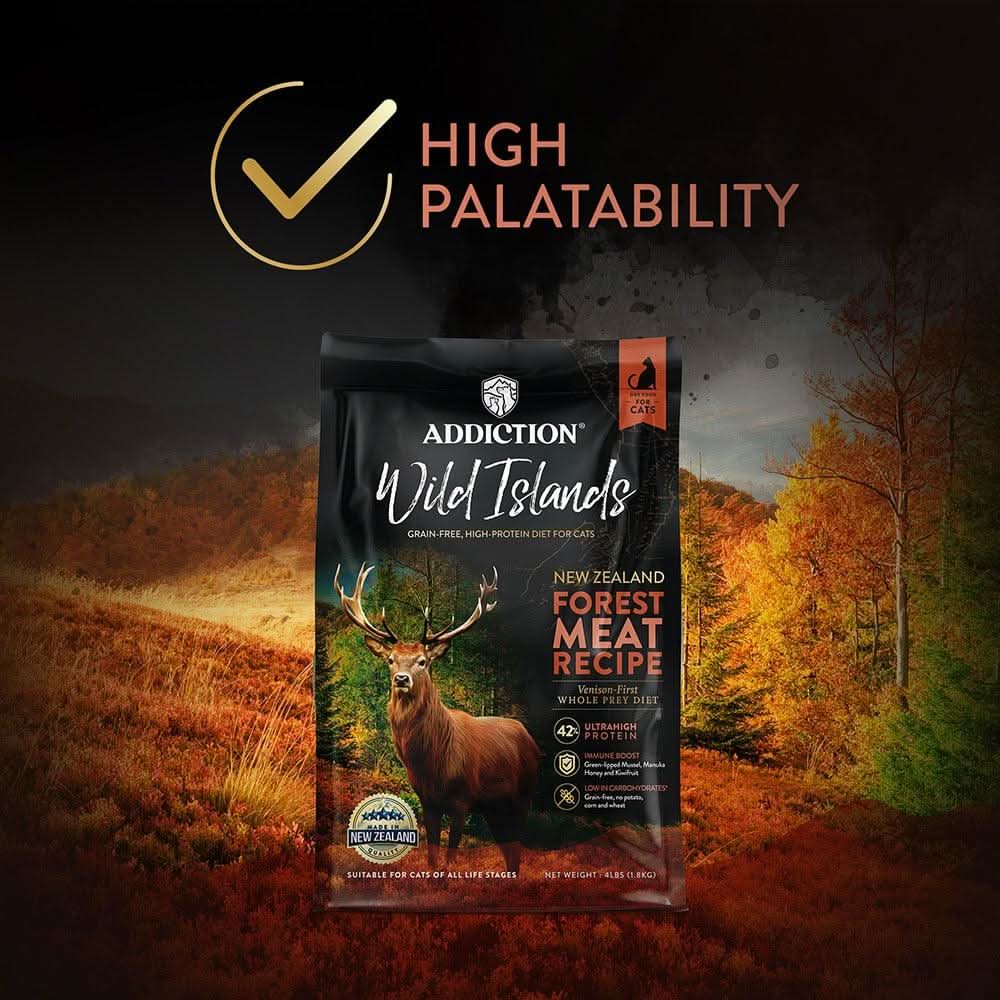 Addiction Wild Islands cat food package with a forest scene and deer, set against a dark background with 'High Palatability' text.