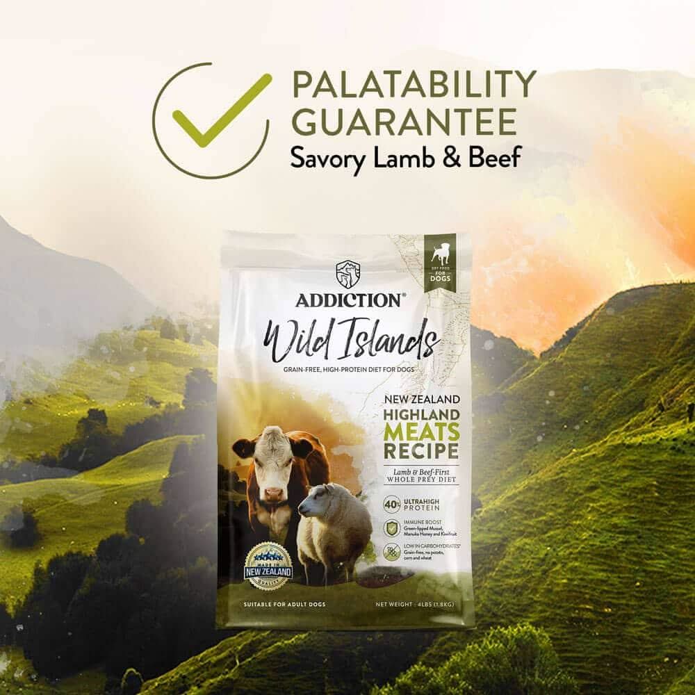 Addiction Wild Islands dog food package with a scenic background