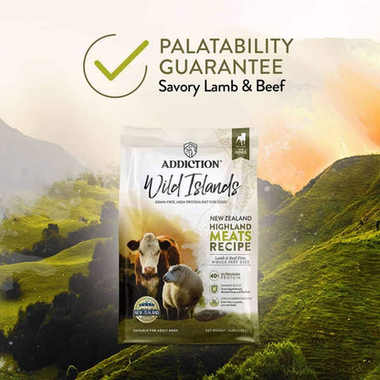 Addiction Wild Islands dog food package with a scenic background