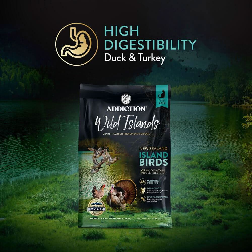 Addiction Wild Islands dog food package with a scenic background