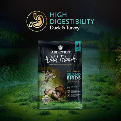 Addiction Wild Islands dog food package with a scenic background