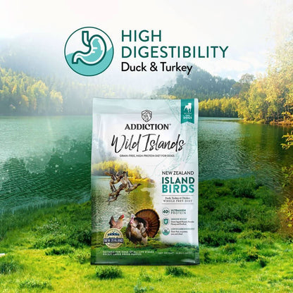 Addiction Wild Islands dog food package with a scenic background