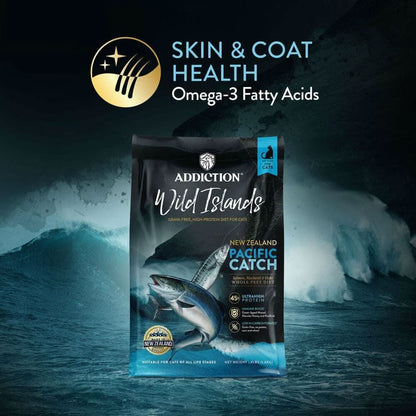 Addiction Wild Islands cat food package with ocean background