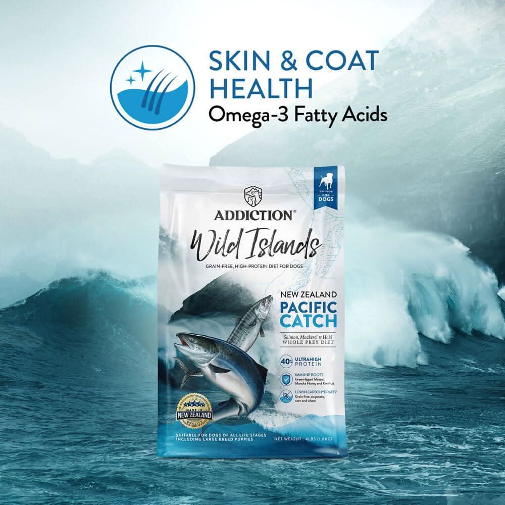 Addiction Wild Islands Pacific Catch dog food package with ocean waves in the background