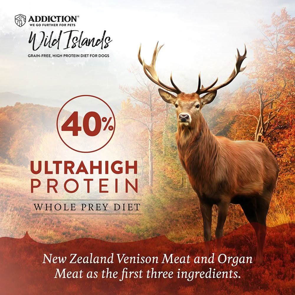 Advertisement for Addiction Wild Islands dog food with a deer in a forest setting, highlighting protein content and ingredients.