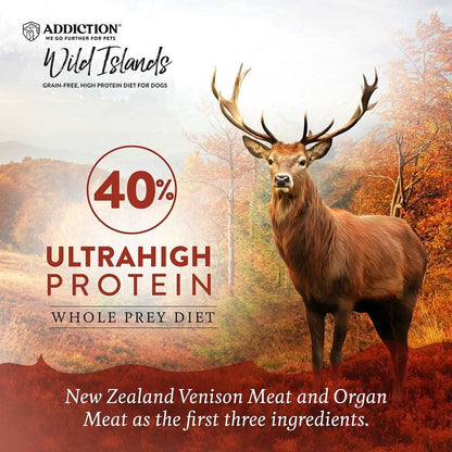 Advertisement for Addiction Wild Islands dog food with a deer in a forest setting, highlighting protein content and ingredients.