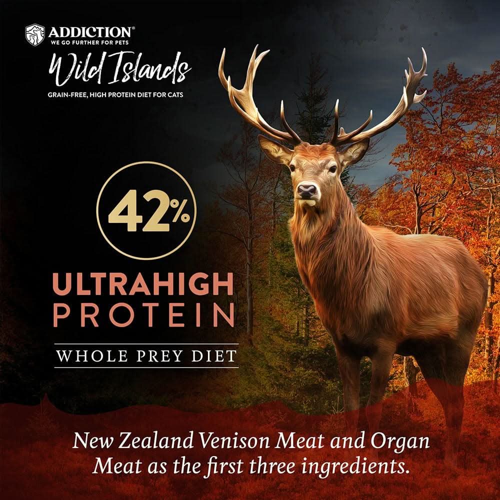 Advertisement for Addiction Wild Islands cat food with a deer in a forest setting.