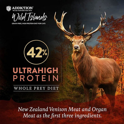 Advertisement for Addiction Wild Islands cat food with a deer in a forest setting.