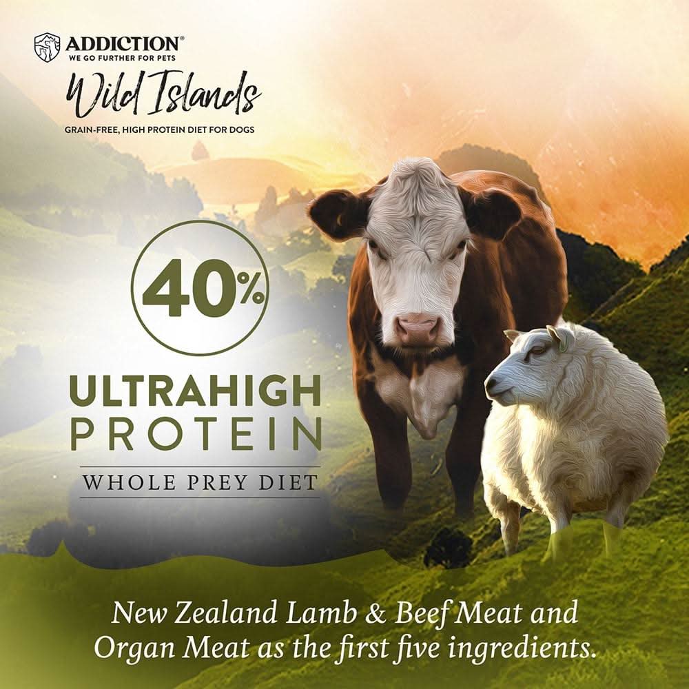Advertisement for Addiction Wild Islands dog food with a cow and sheep in a field.