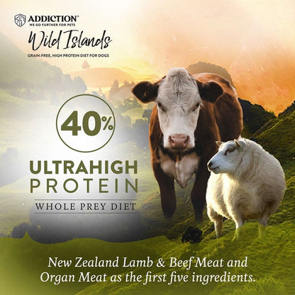Advertisement for Addiction Wild Islands dog food with a cow and sheep in a field.