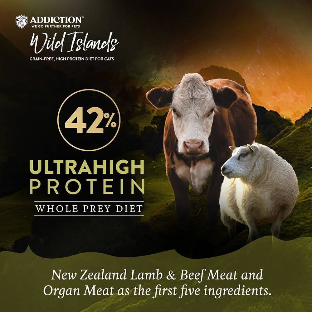 Advertisement for Addiction Wild Islands cat food with a cow and sheep on a mountain background.
