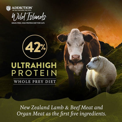 Advertisement for Addiction Wild Islands cat food with a cow and sheep on a mountain background.
