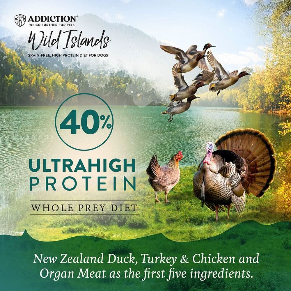 Advertisement for Addiction Wild Islands dog food with animals and text about protein content and ingredients.