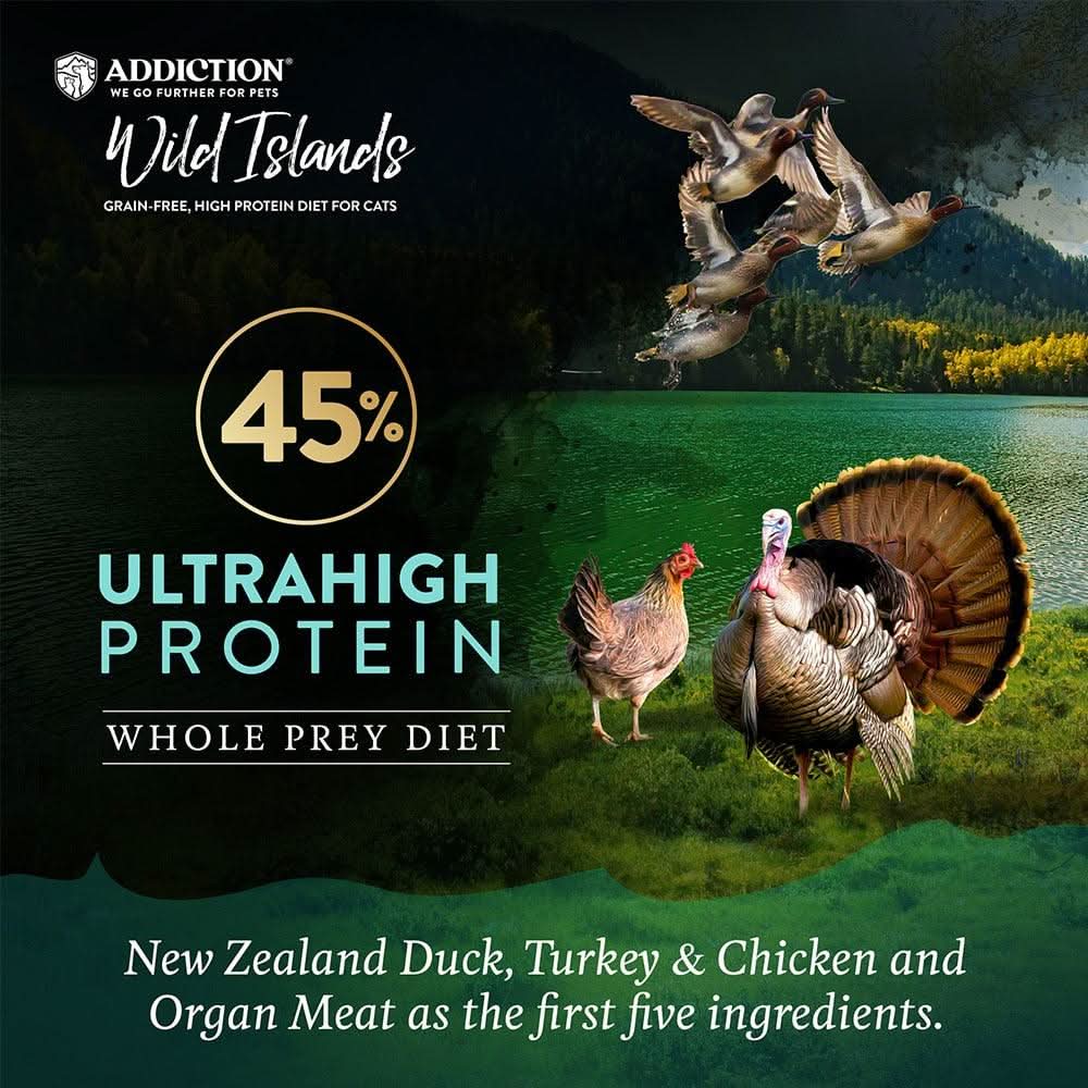 Advertisement for Addiction Wild Islands cat food with birds and text about protein content and ingredients.