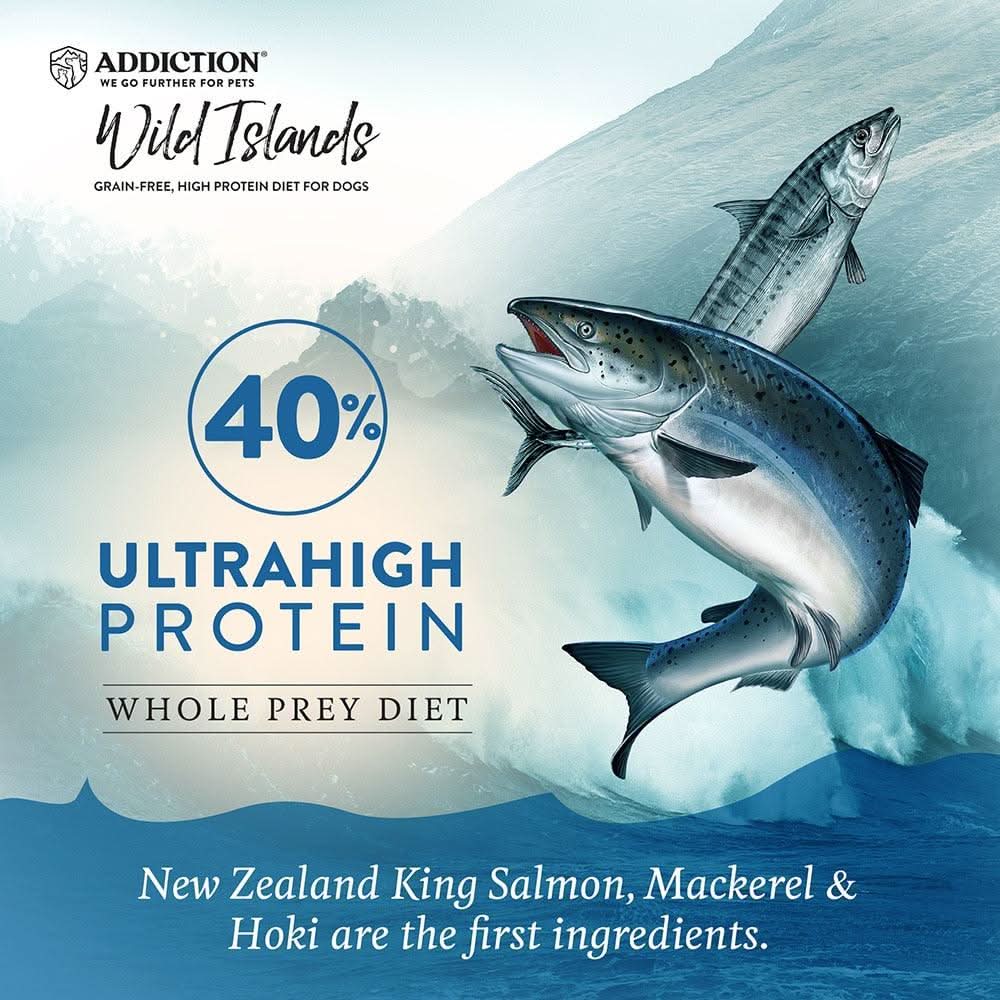 Advertisement for Addiction Wild Islands dog food with salmon and mackerel on a blue and white background.