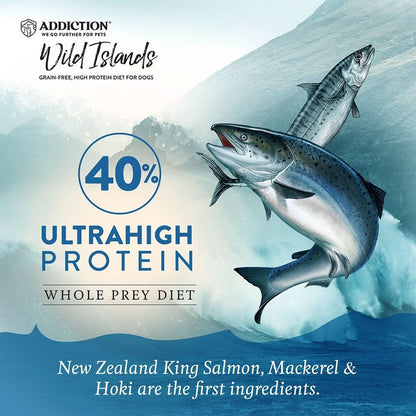 Advertisement for Addiction Wild Islands dog food with salmon and mackerel on a blue and white background.