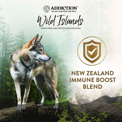 Dog standing on a rock with 'Addiction' pet food branding and text about a New Zealand immune boost blend.