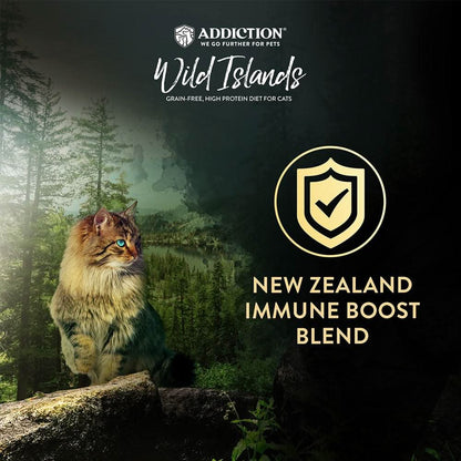 Cat in a forest with 'Addiction Wild Islands' branding and text about a New Zealand immune boost blend.