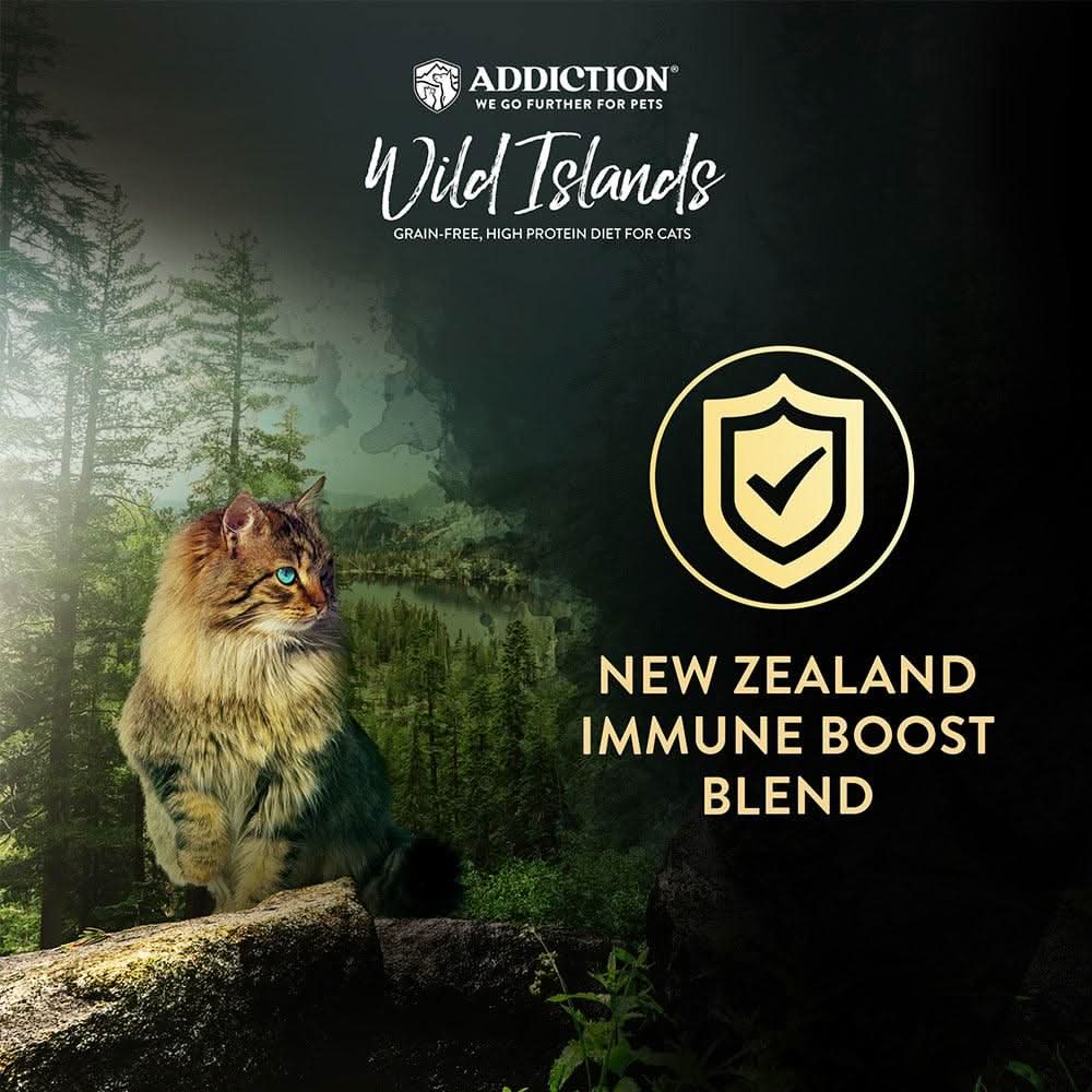 Cat in a forest with 'Addiction Wild Islands' branding and text about a New Zealand immune boost blend.