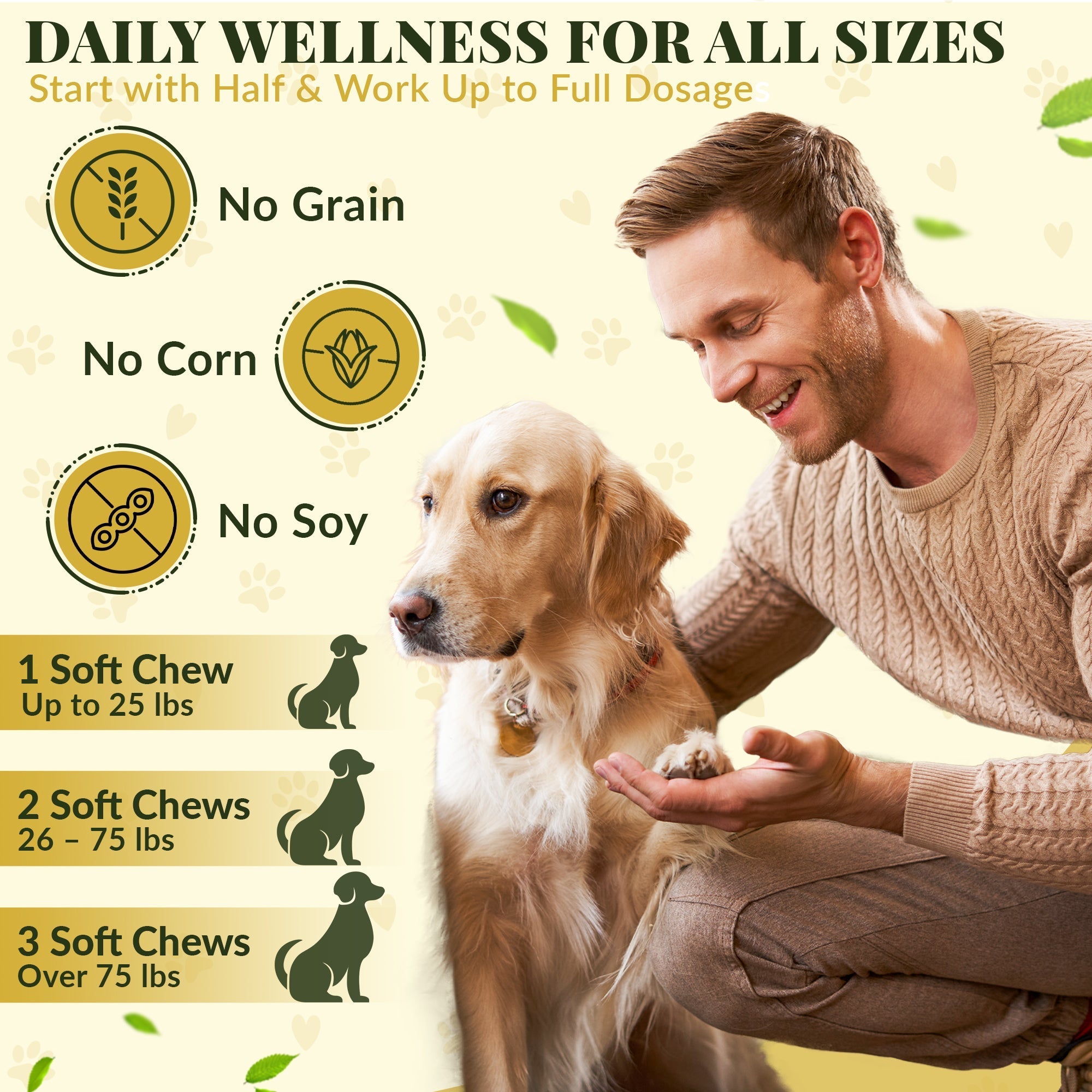 Man with a dog interacting, with text about daily wellness for dogs and dosage information.