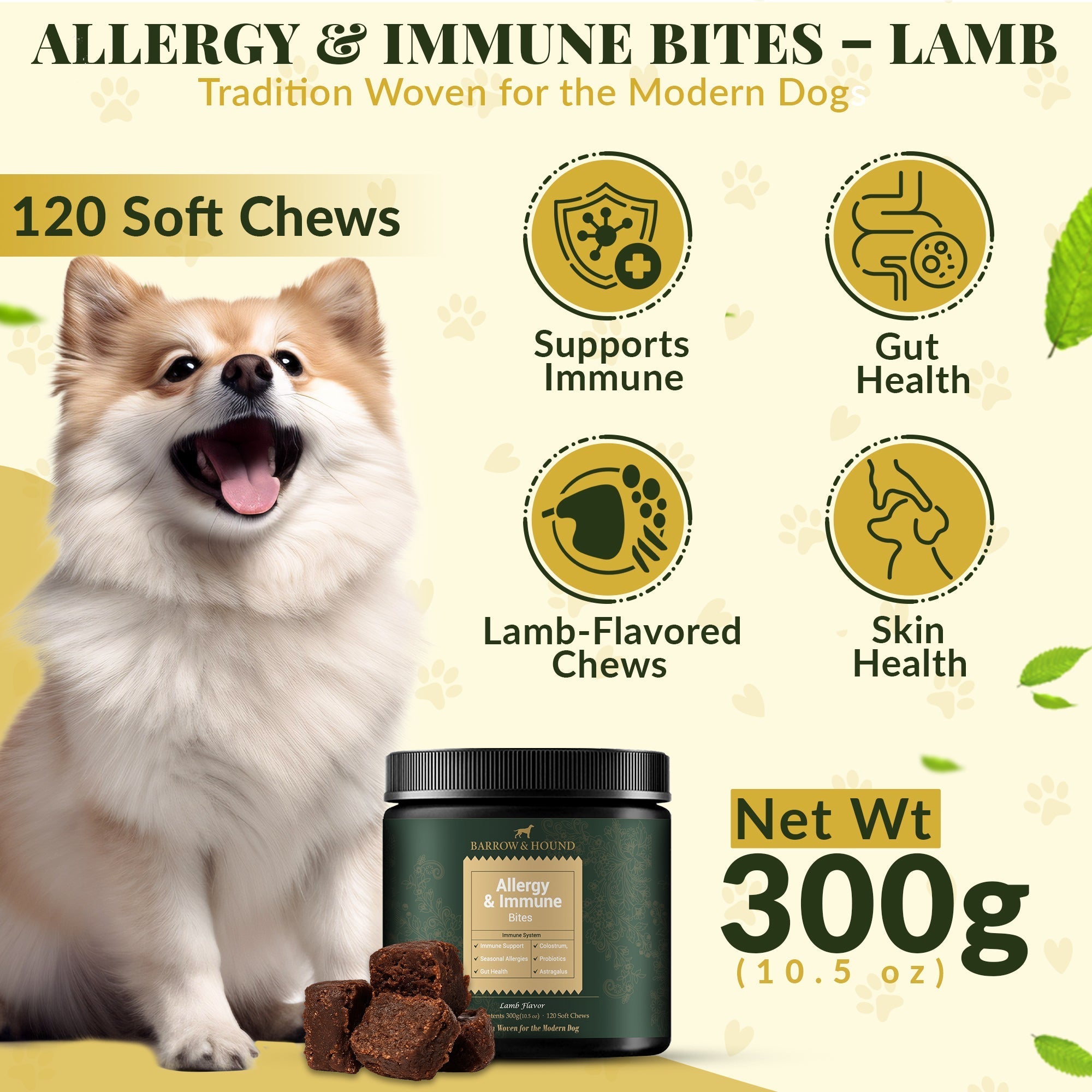 Dog with a container of 'Allergy & Immune Bites - Lamb' chews, highlighting benefits like immune support and gut health.