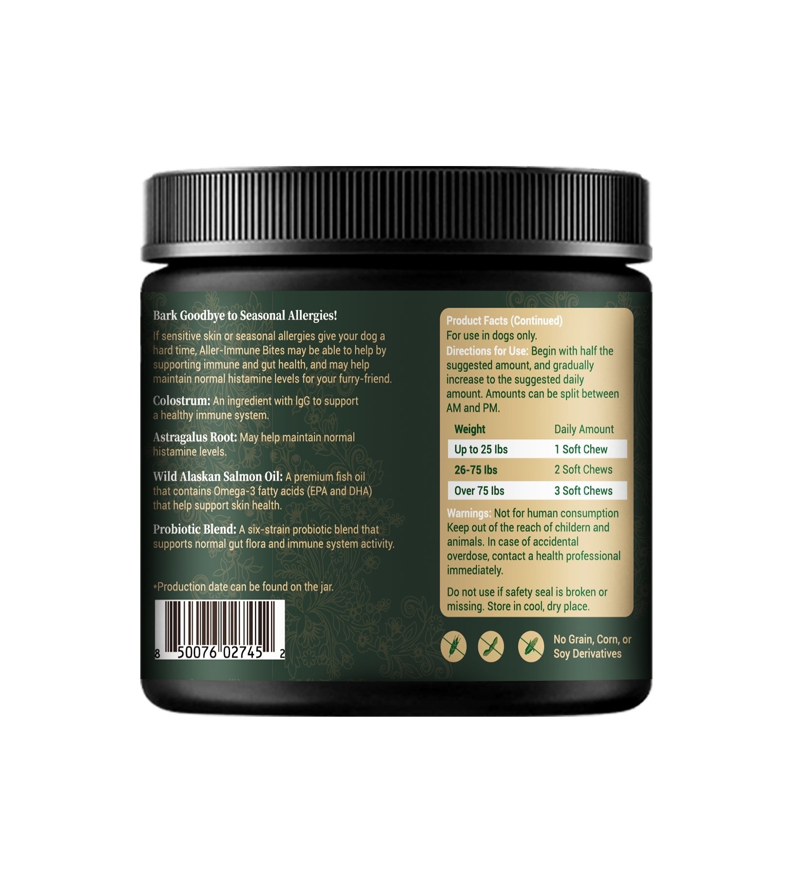 Back label of a supplement jar with text and product details on a white background