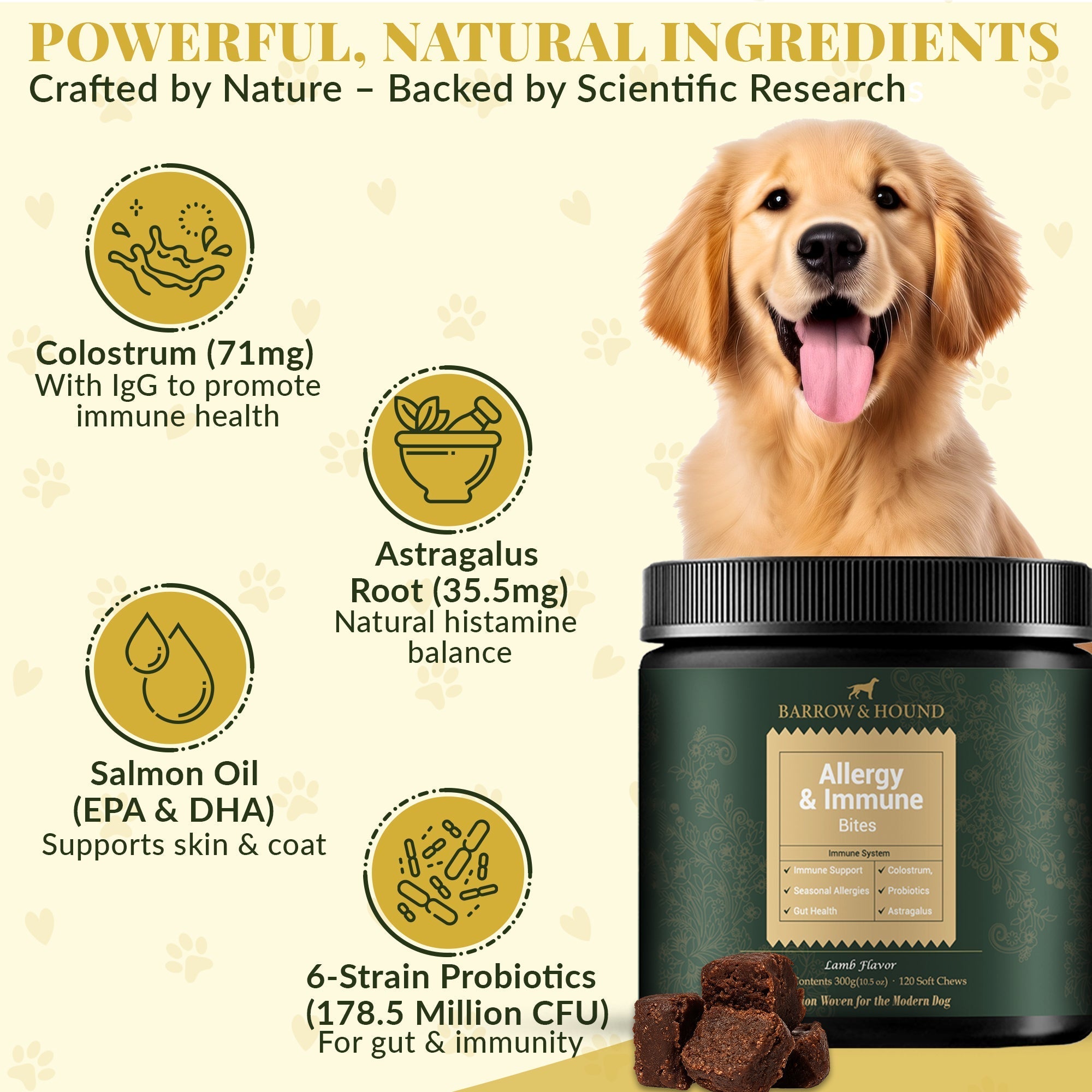 Dog supplement product with ingredients listed and a smiling dog on a light background