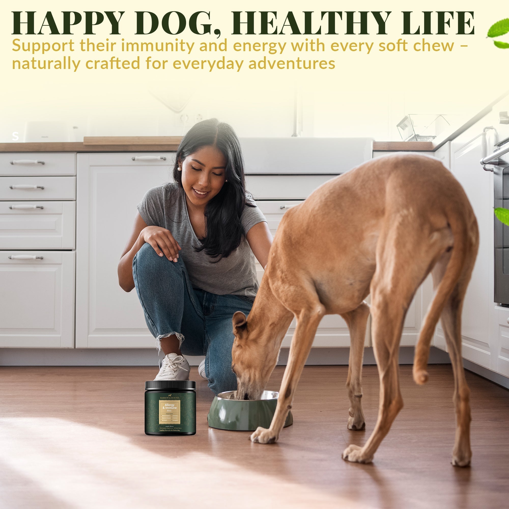 Woman and dog in a kitchen with a product container, promoting a healthy lifestyle for pets.