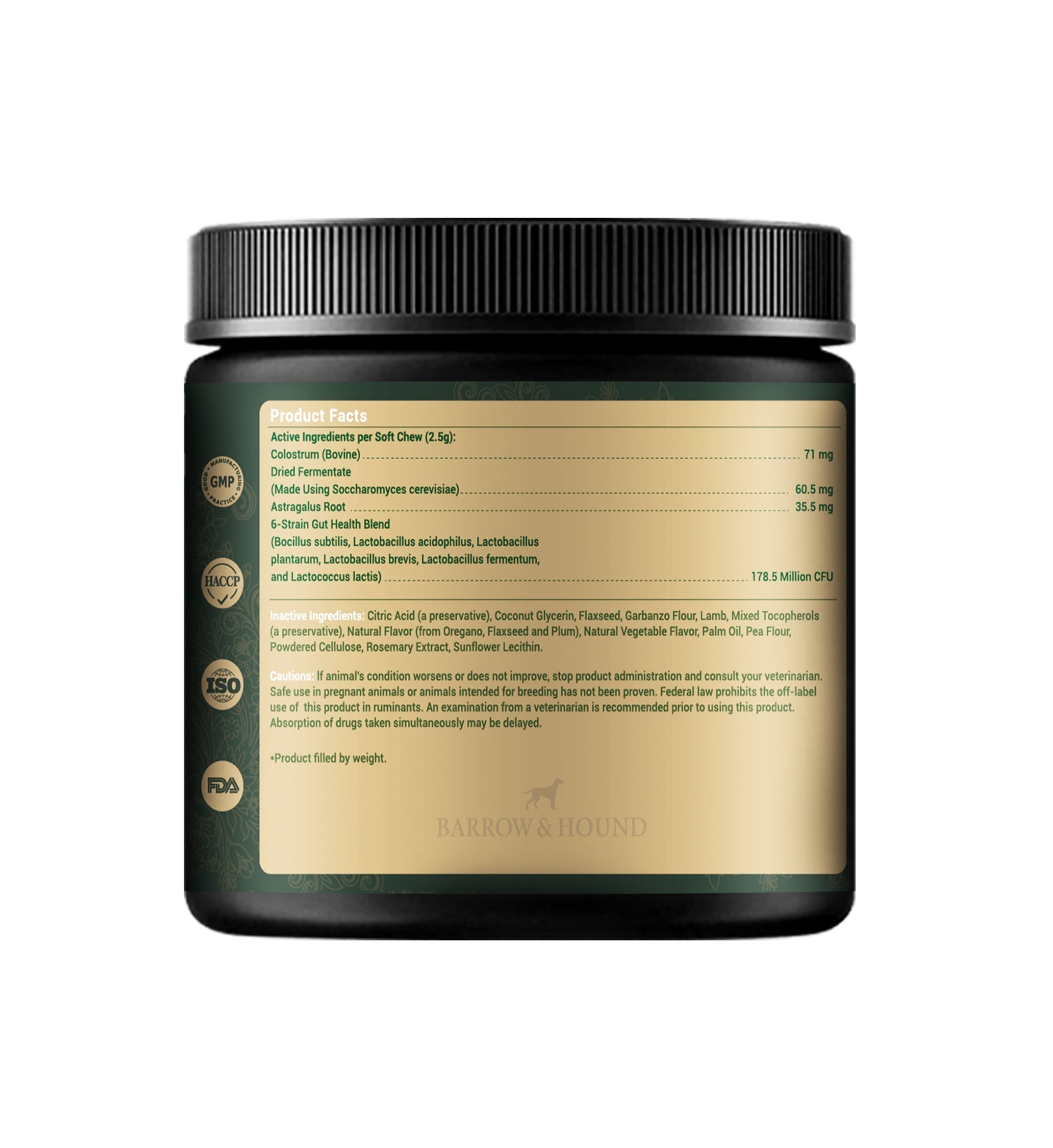 Back label of a jar with text and branding on a white background