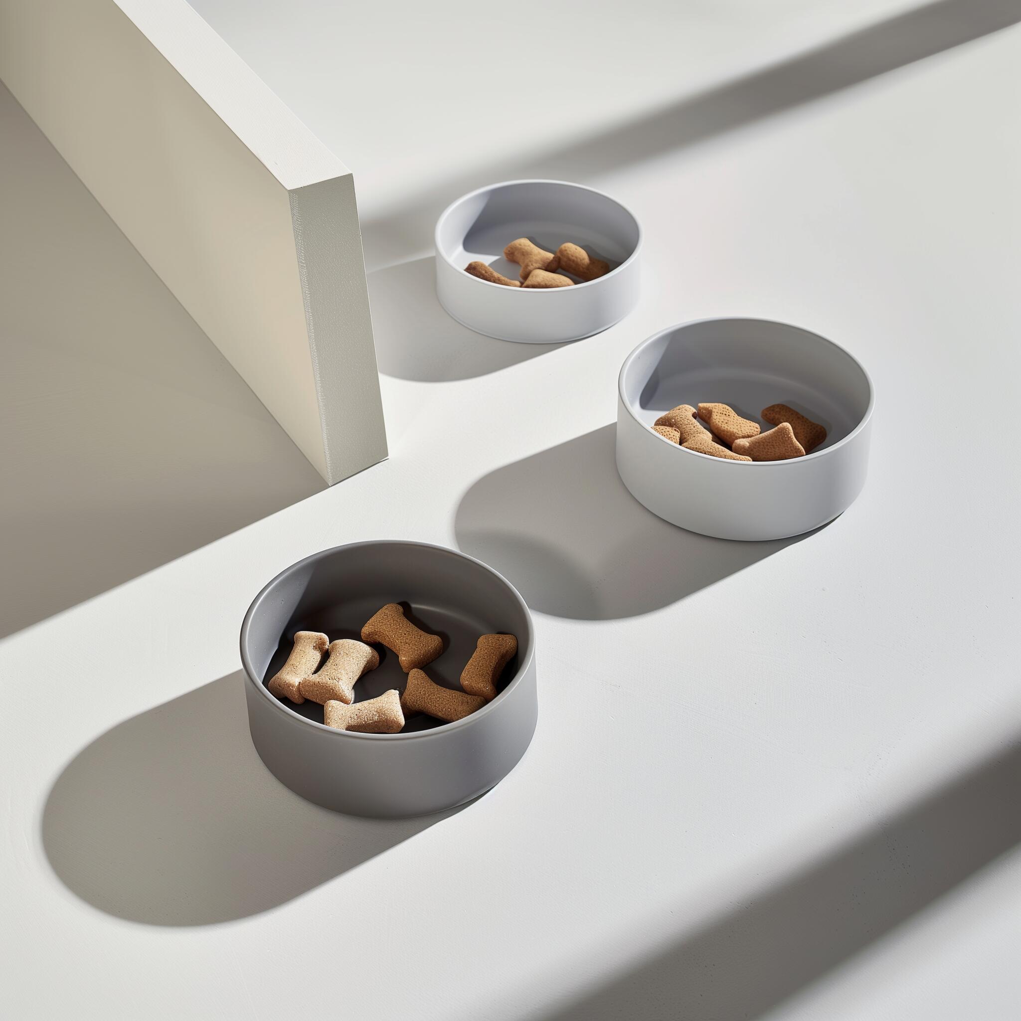 Three pet food bowls.