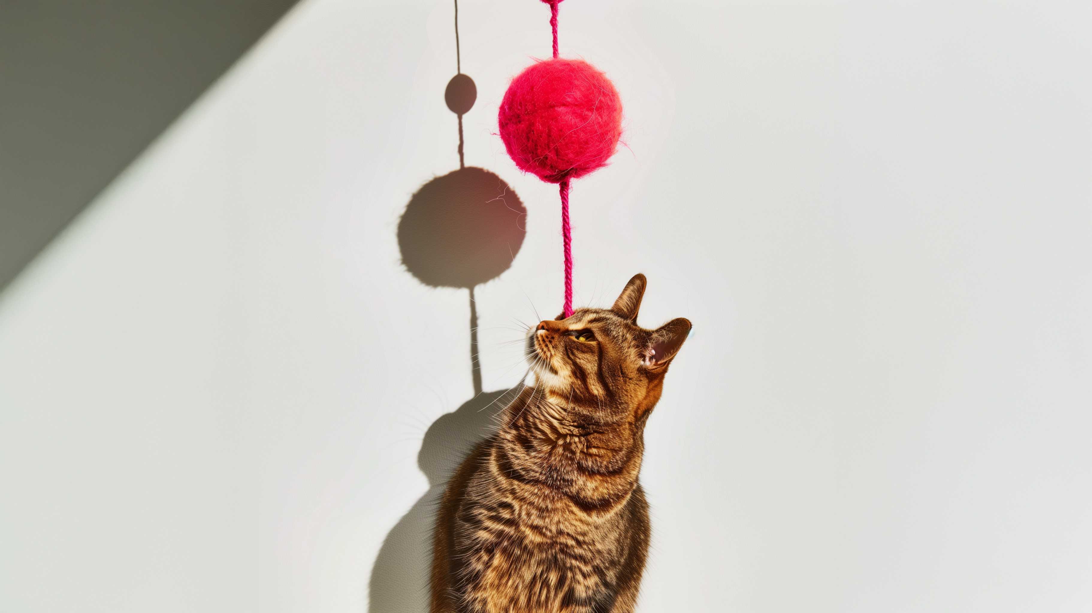 A cat with white background and a wool ball above the cat head. 