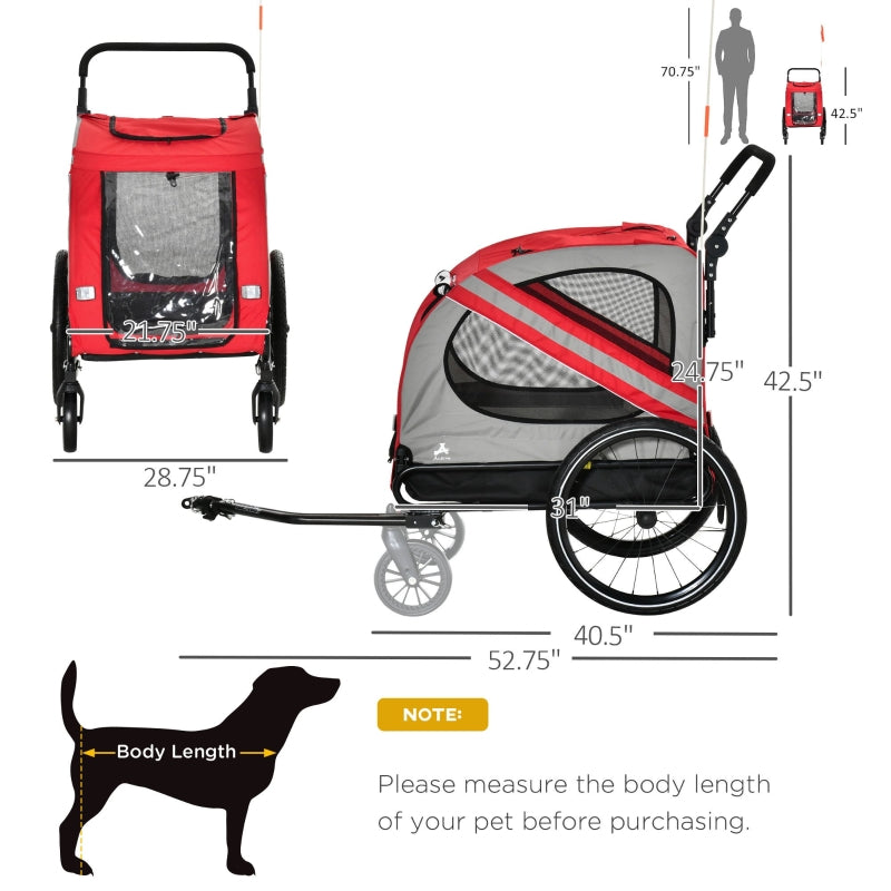 Dimensions and features of a red and gray pet stroller with measurements.
