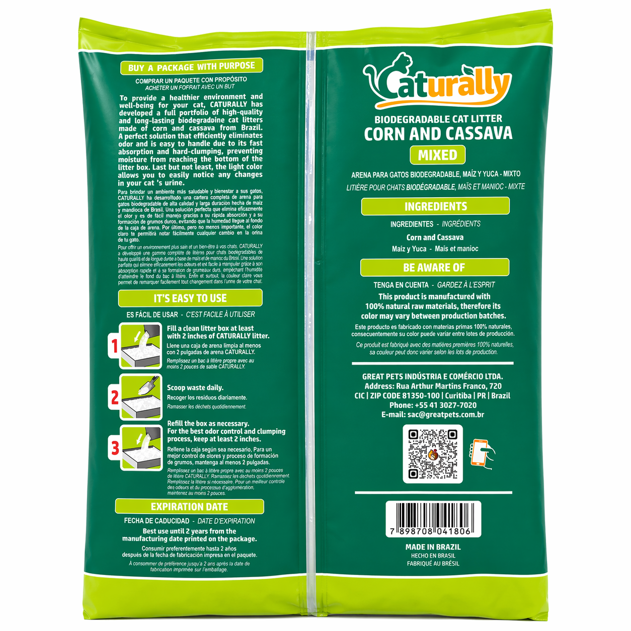 Back of the PurrFriendlyLitter bag showing product information and details