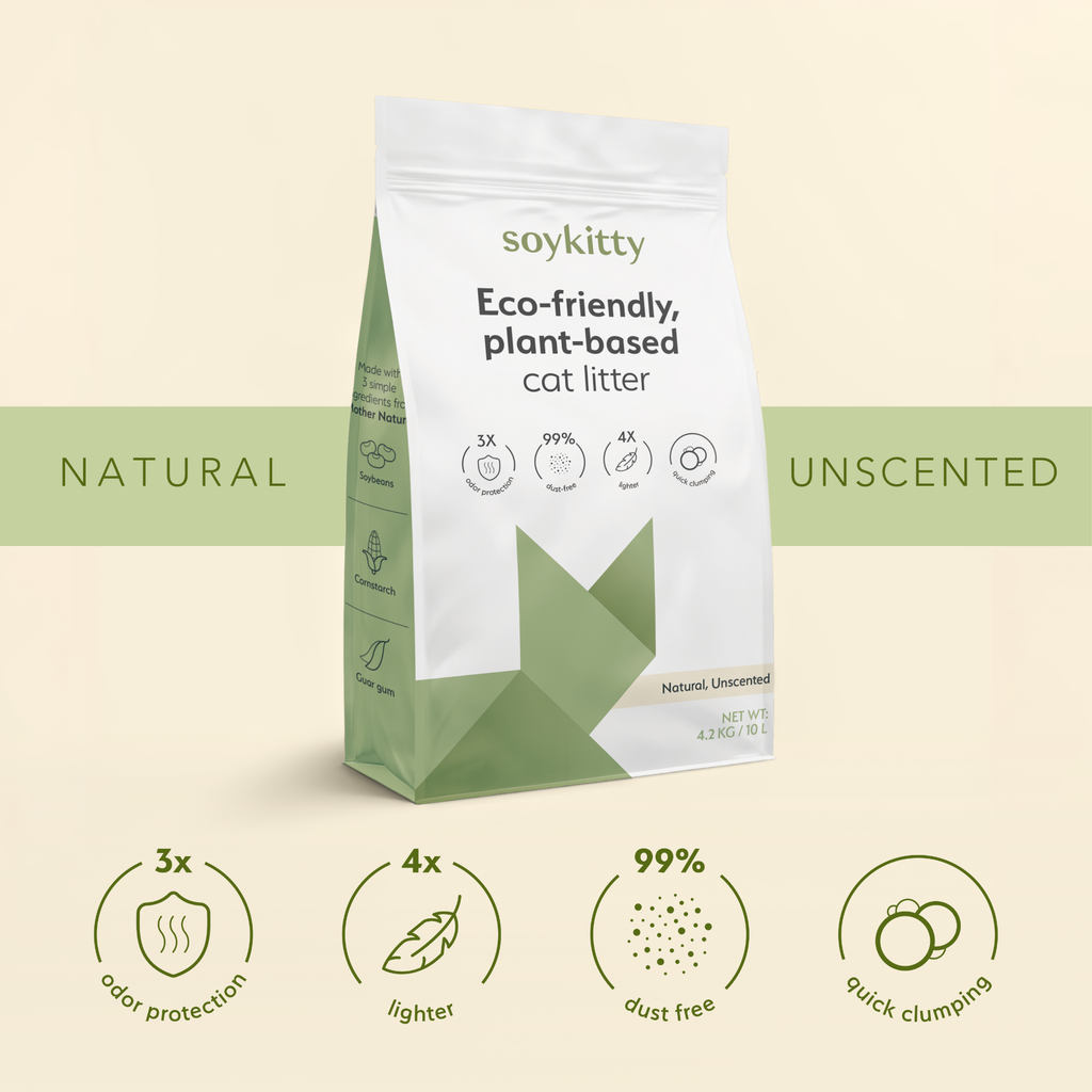 Soykitty eco-friendly plant-based cat litter package on a beige background