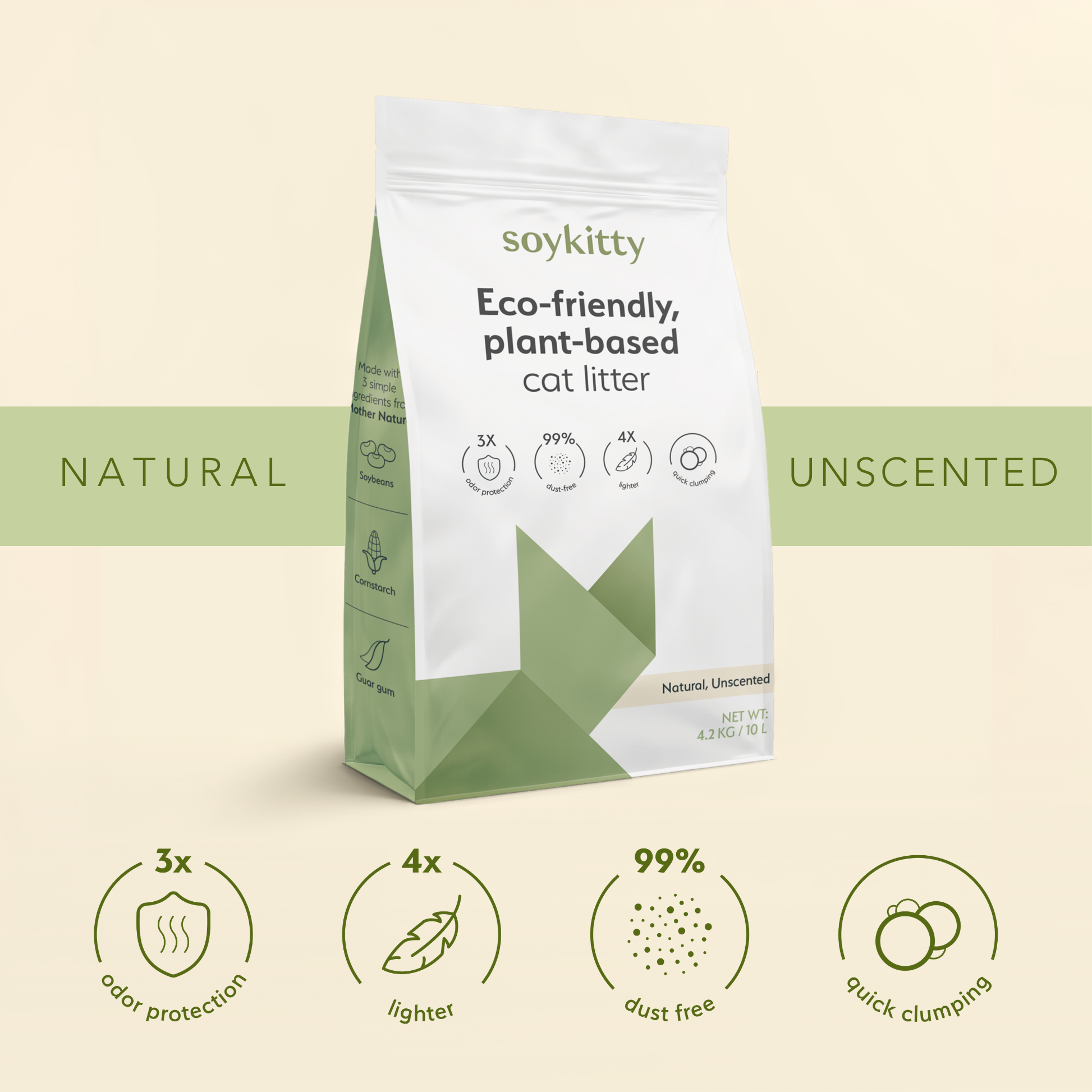 Soykitty eco-friendly plant-based cat litter package on a beige background