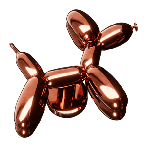 Copper-colored balloon dog sculpture on a white background