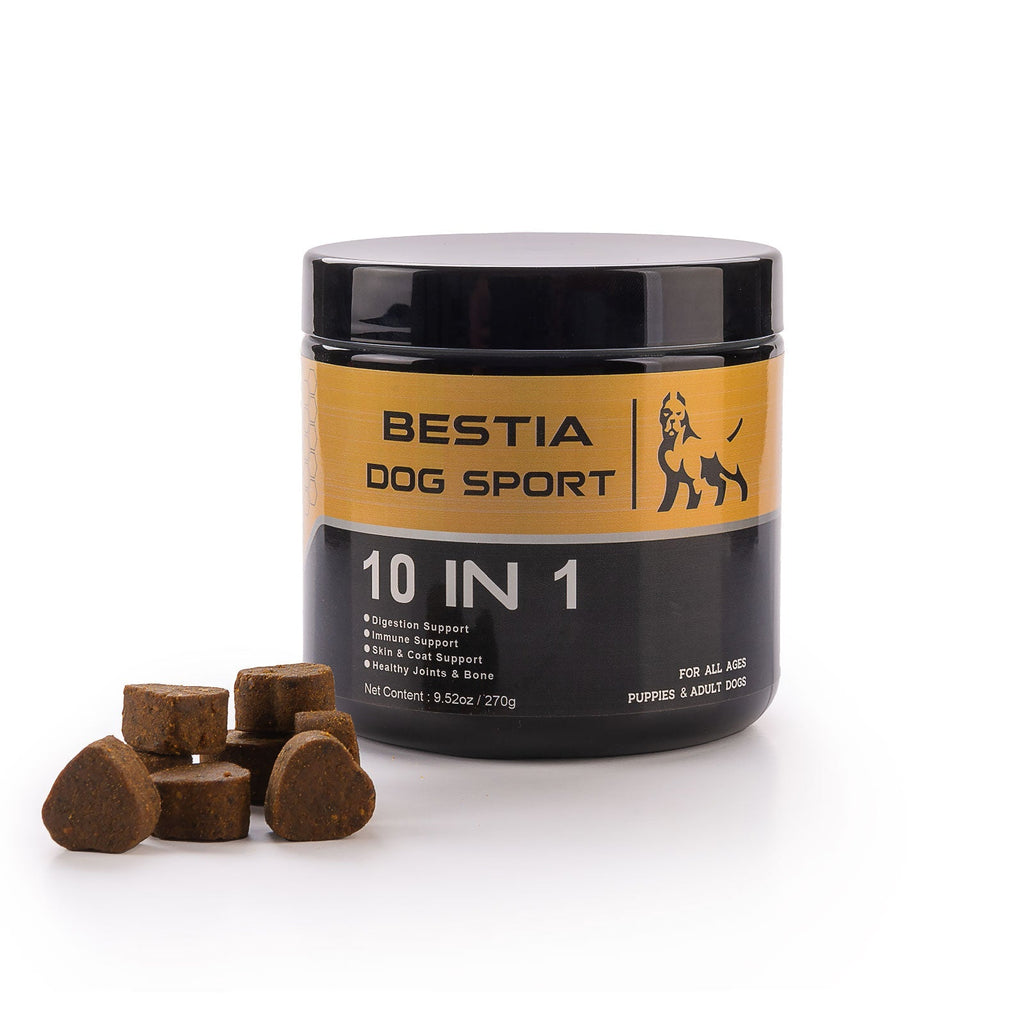 Container of Bestia Dog Sport 10 in 1 with dog treats on a white background
