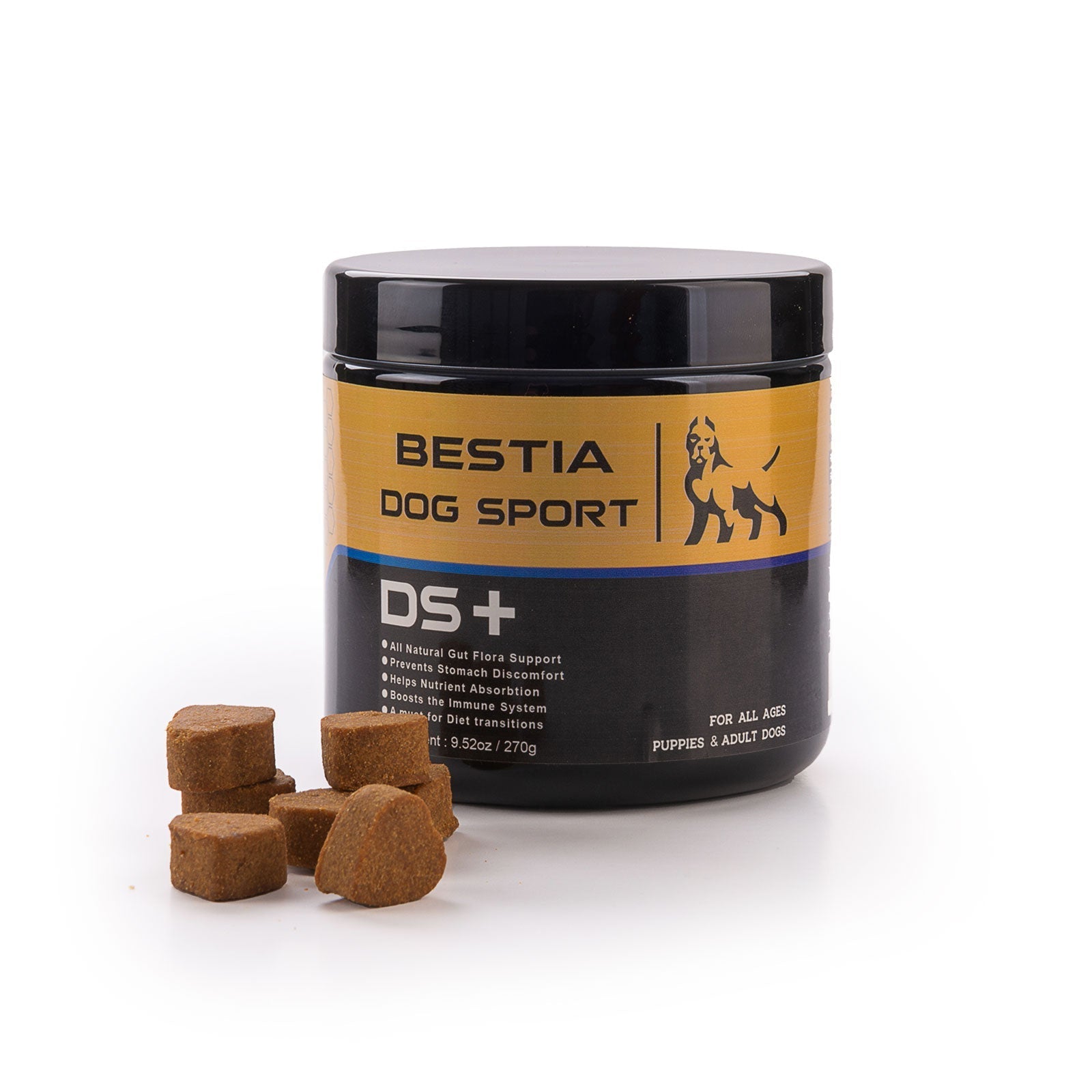 Container of Bestia Dog Sport DS+ with dog treats on a white background