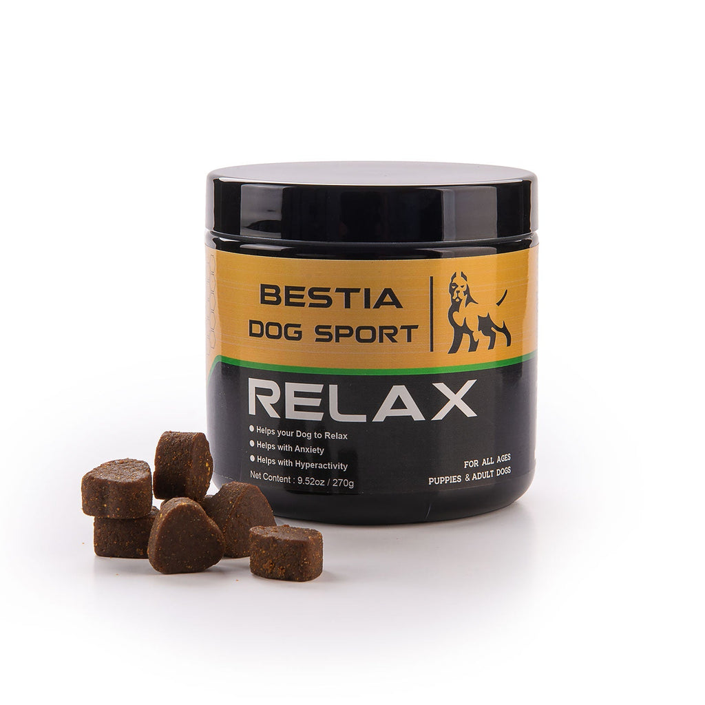 Jar of Bestia Dog Sport Relax supplement with dog treats on a white background