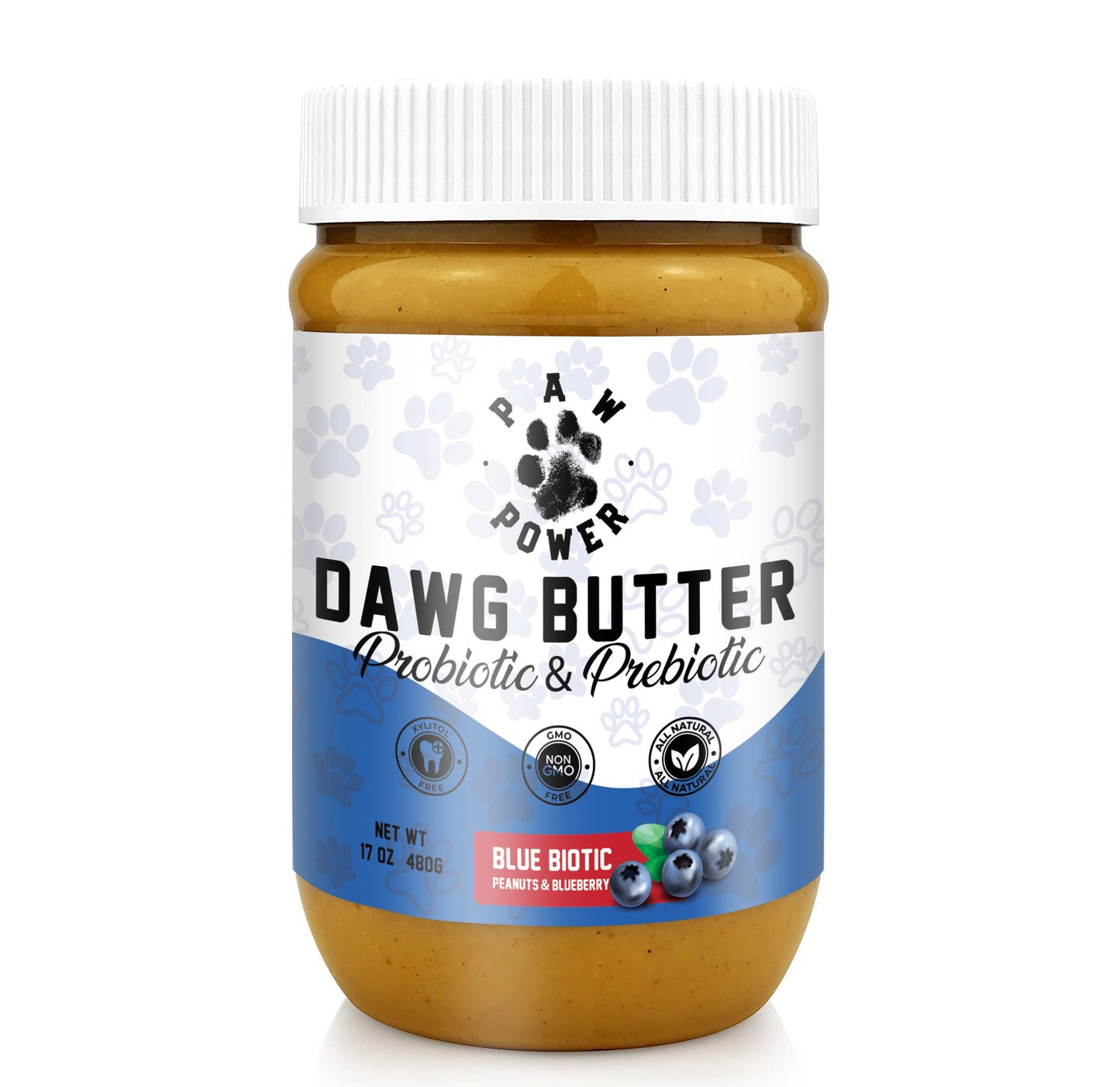 Dawg Butter Blue Biotic probiotic peanut butter for dogs jar