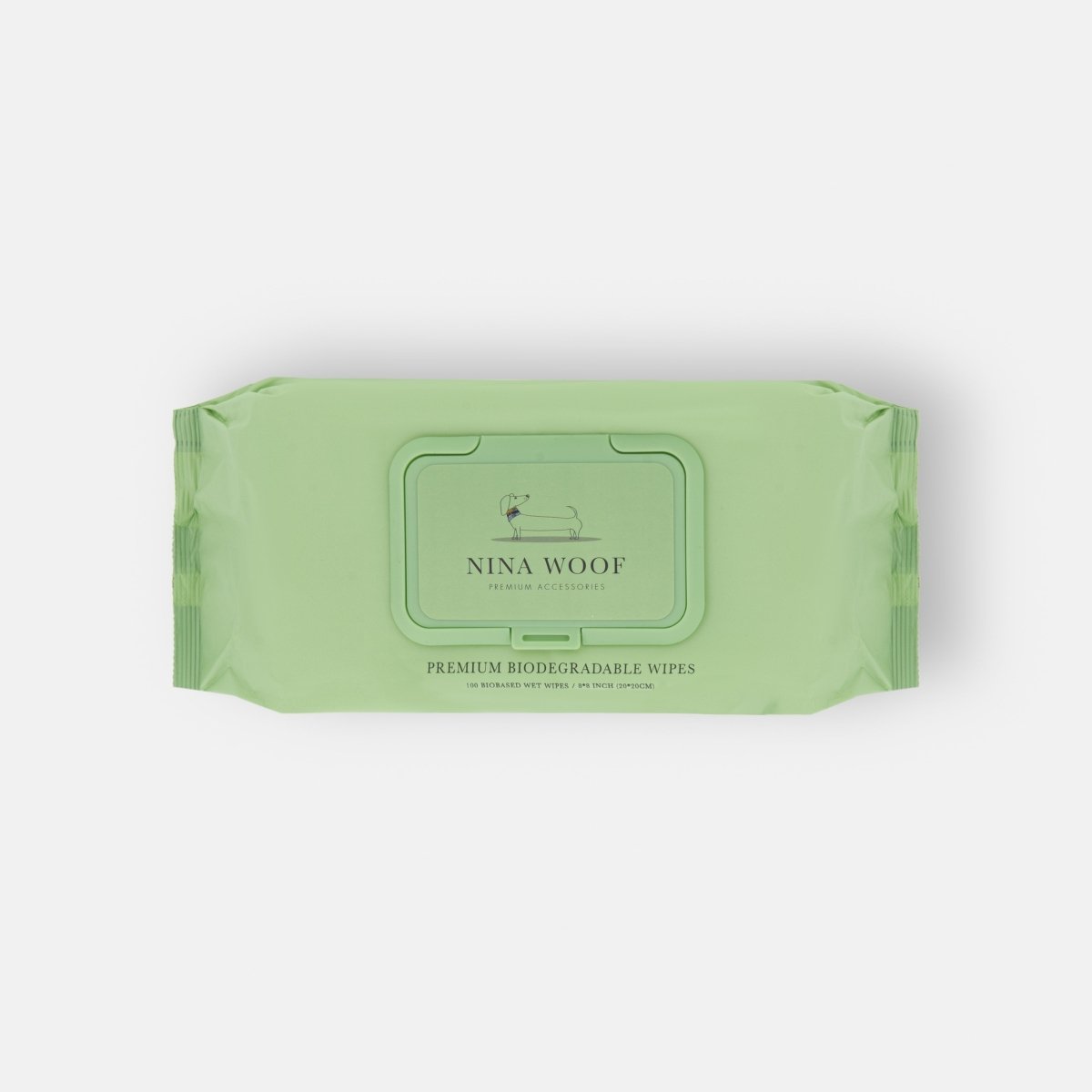 Green package of Nina Woof premium biodegradable wipes on a white background