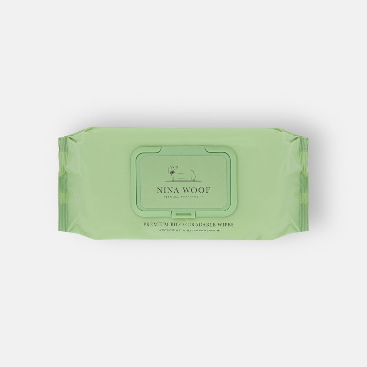 Green package of Nina Woof wipes on a white background