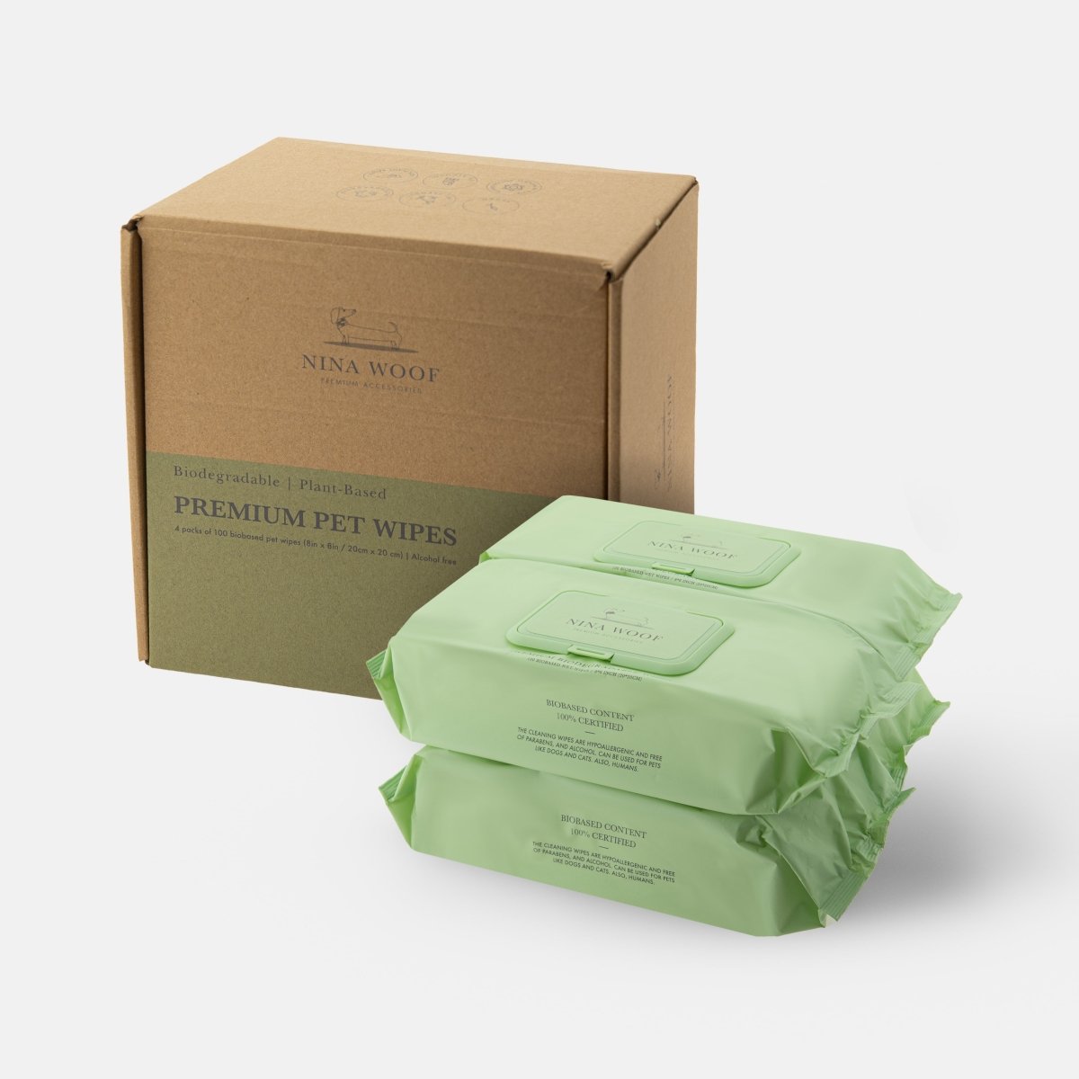 Nina Woof premium pet wipes with cardboard box on a white background