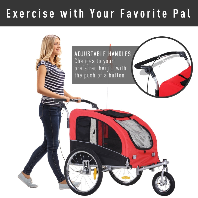 Woman pushing a red and black pet stroller with adjustable handles feature highlighted.