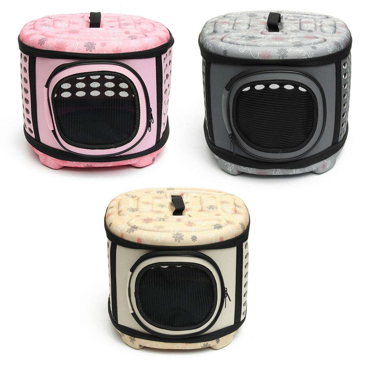 Three pet carriers in pink, gray, and beige with floral patterns on a white background.