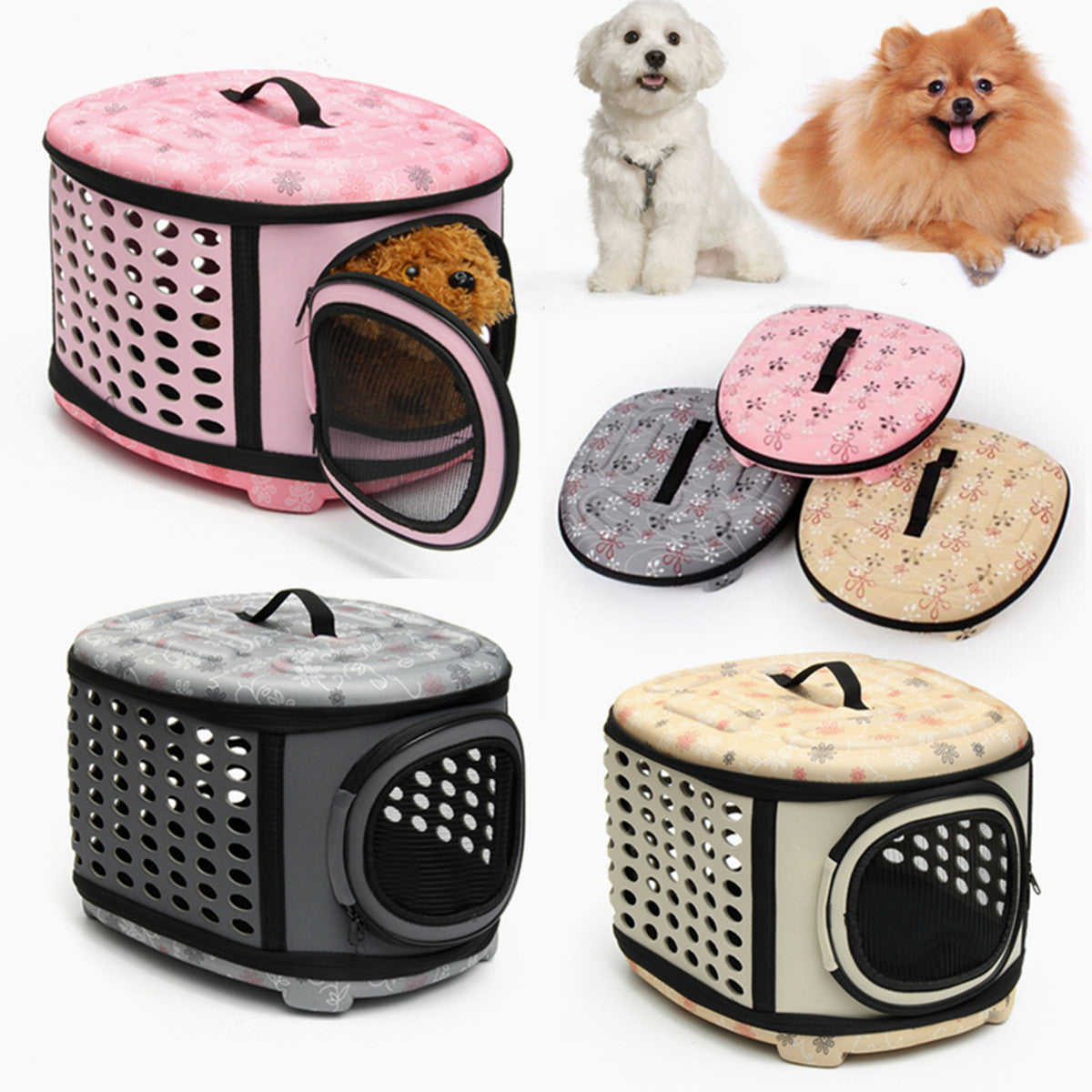 Pet carrier with floral design, shown with two small dogs on a white background.