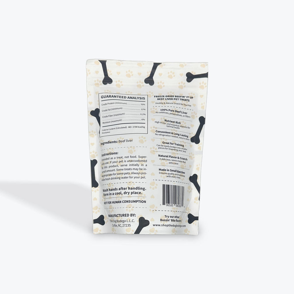 Back view of a pet food package with text and bar code on a white background