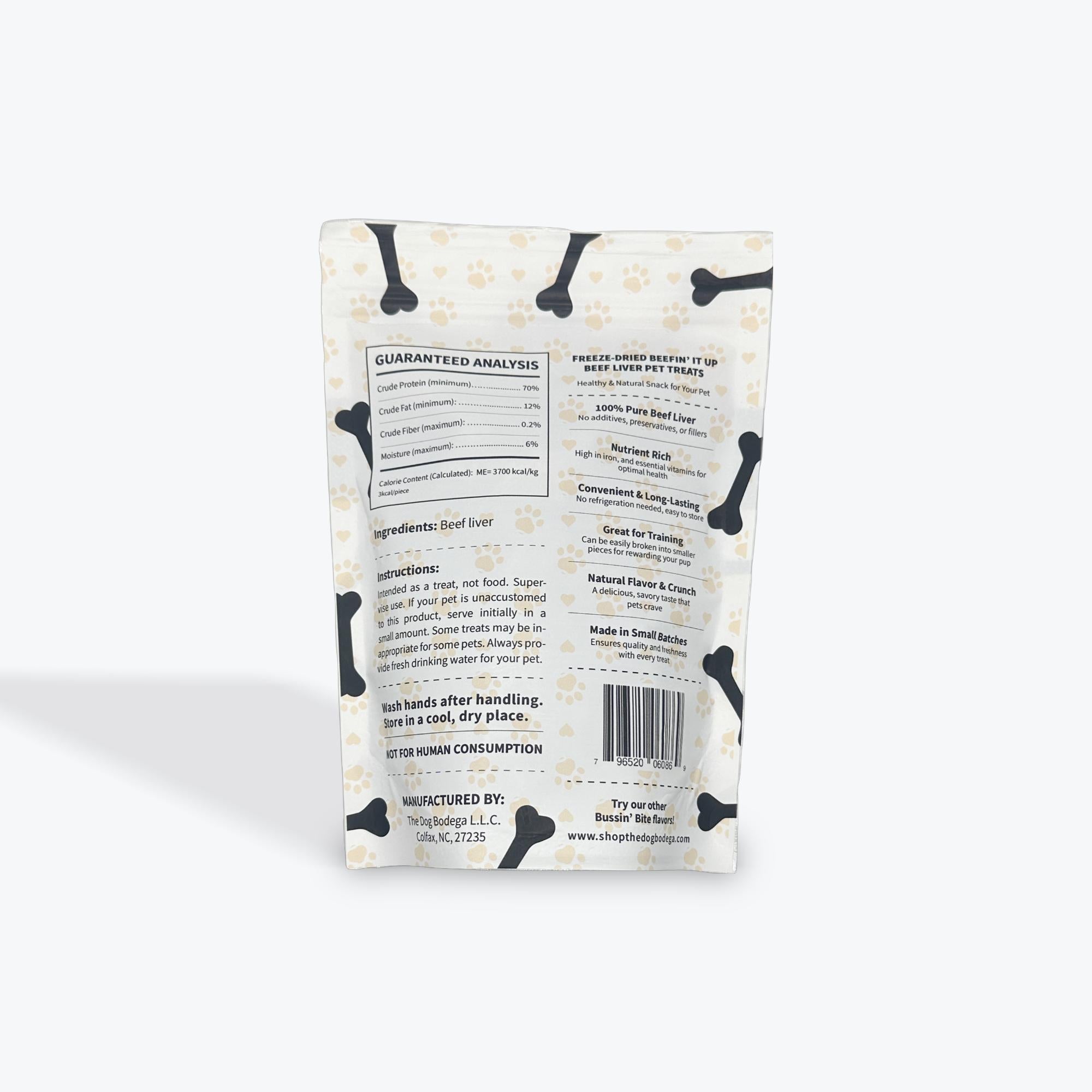 Back view of a pet food package with text and bar code on a white background