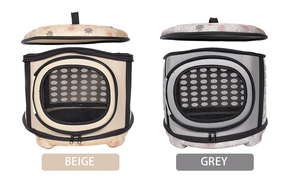 Two pet carriers, one beige and one grey, on a white background.